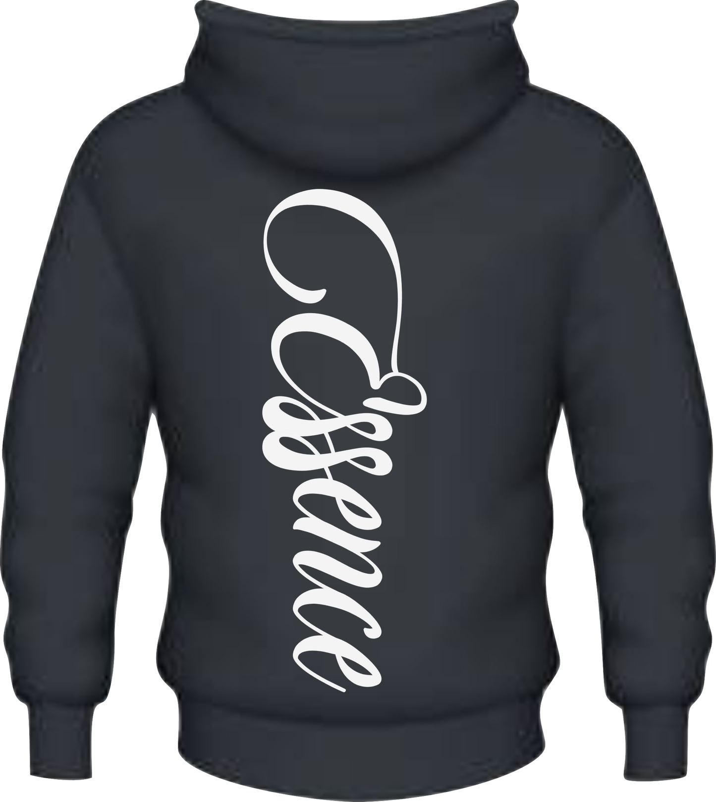 A black barcoded Defined by Essence hoodie back design