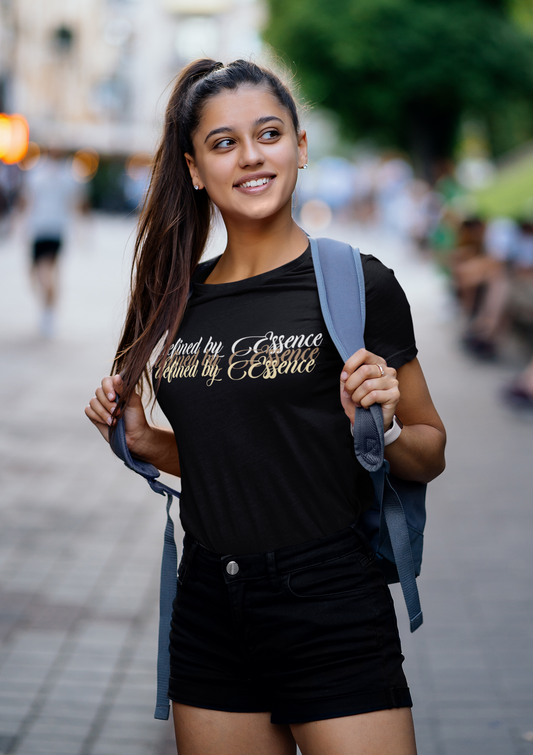 Women wearing black 3d Defined By Essence T- Shirt with multilayering wording heading to school