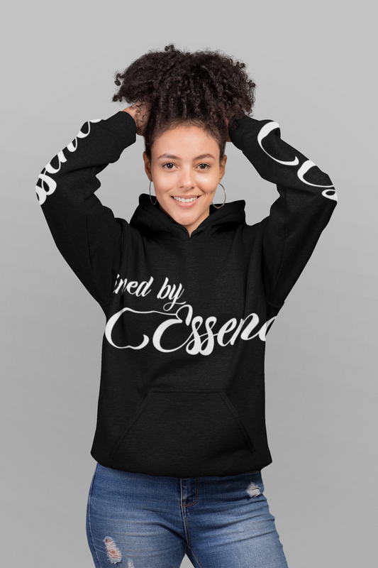 Women wearing a black stylish express Defined By Essence hoodie,  while modeling her hair.