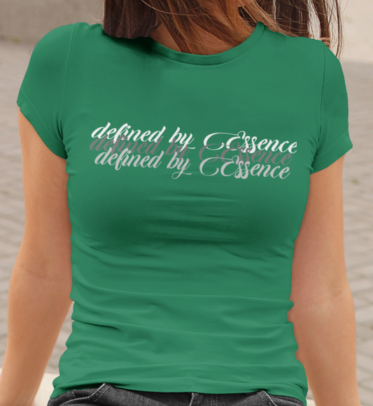 Women wearing a kelly green 3d Defined By Essence T- Shirt with multilayering wording 
