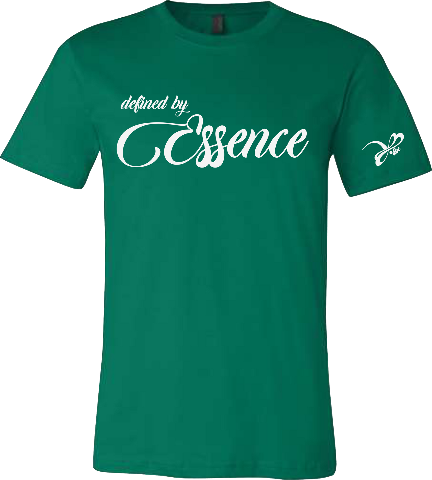 A kelly green signature Defined By Essence T-Shirt with white writing, flat lay