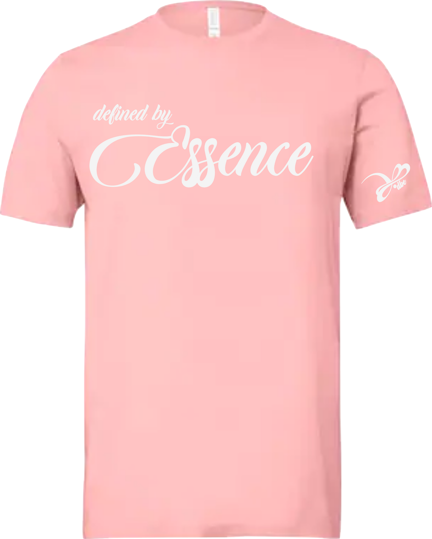 A light pink signature Defined By Essence T-Shirt with white writing, flat lay