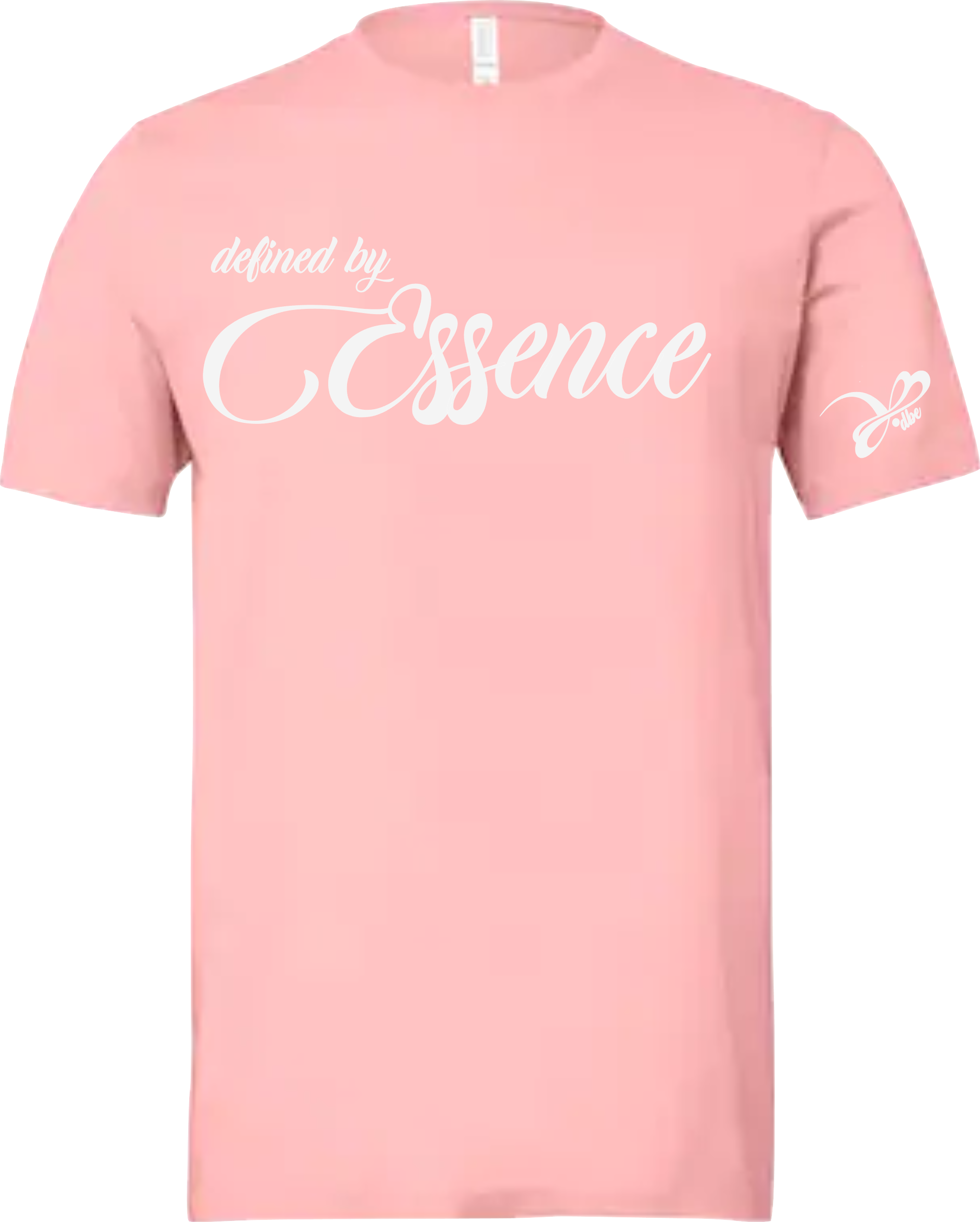 A light pink signature Defined By Essence T-Shirt with white writing, flat lay