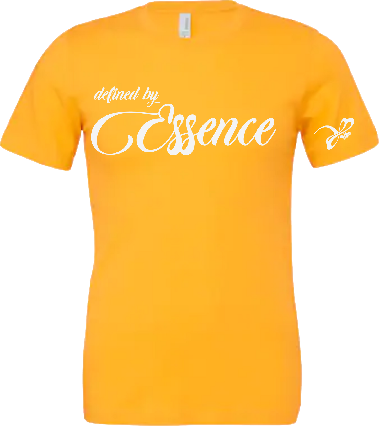 A yellow gold signature Defined By Essence T-Shirt with white writing, flat lay