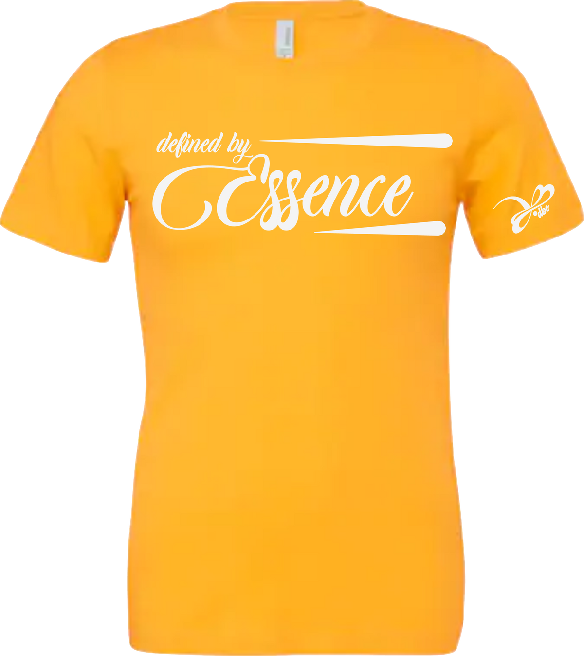 A grey infinite classic Defined By Essence T-Shirt with white writing, flat lay